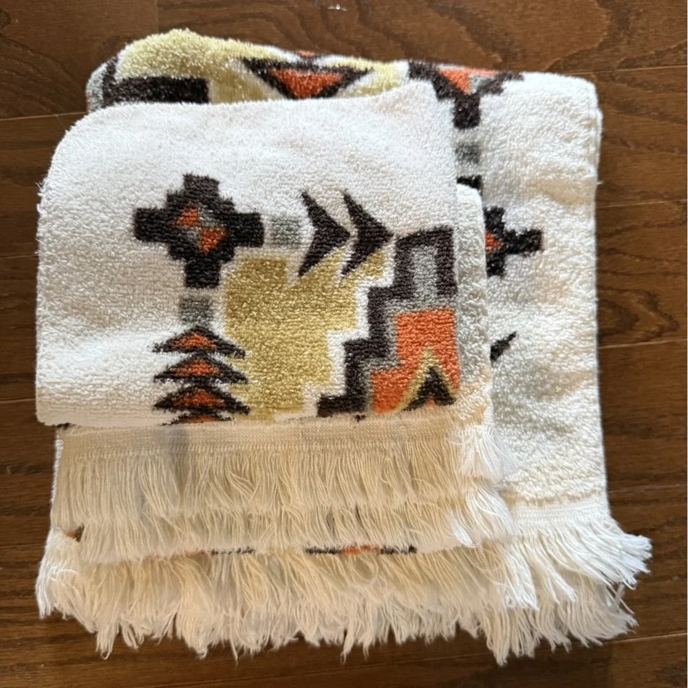Vintage Cannon Orange Tribal Aztec Southwest 3 Pc Hand Bath Wash Towel Set